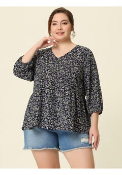 V Neck Babydoll Flowy 3/4 Lantern Sleeve Floral Blouse