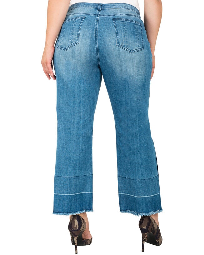 Plus Size Meryl High-Rise Light Wash Cropped Jeans with Silver Grommets & Wide Released Hem, Blue / Medium Wash, alternate image number 4