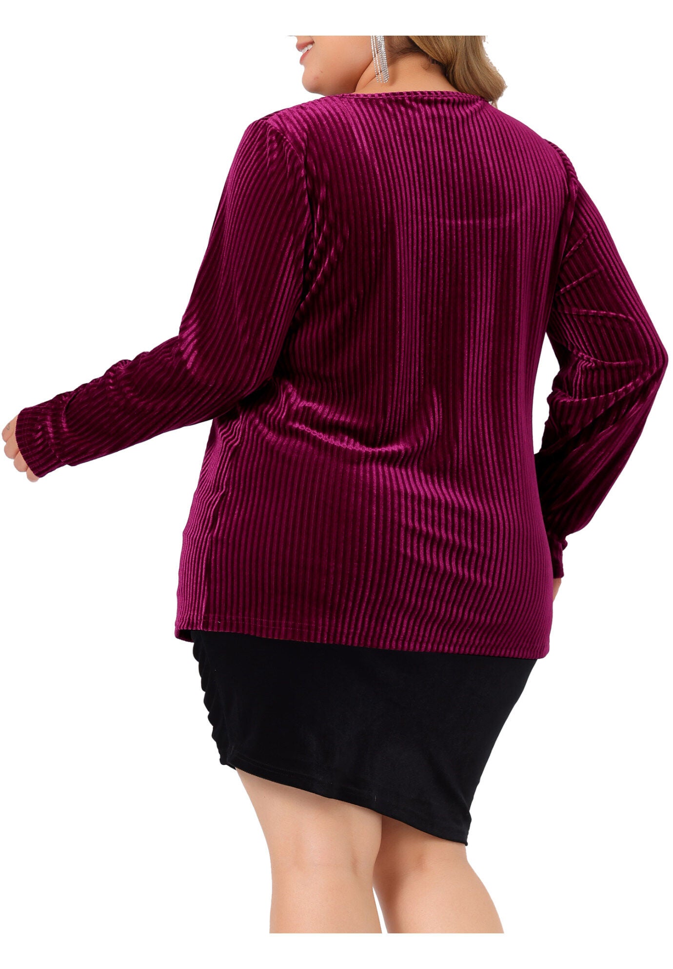 Square Neck Pullover Long Sleeve Blouse Tunic Velvet Top, Burgundy / Red, alternate image number 3