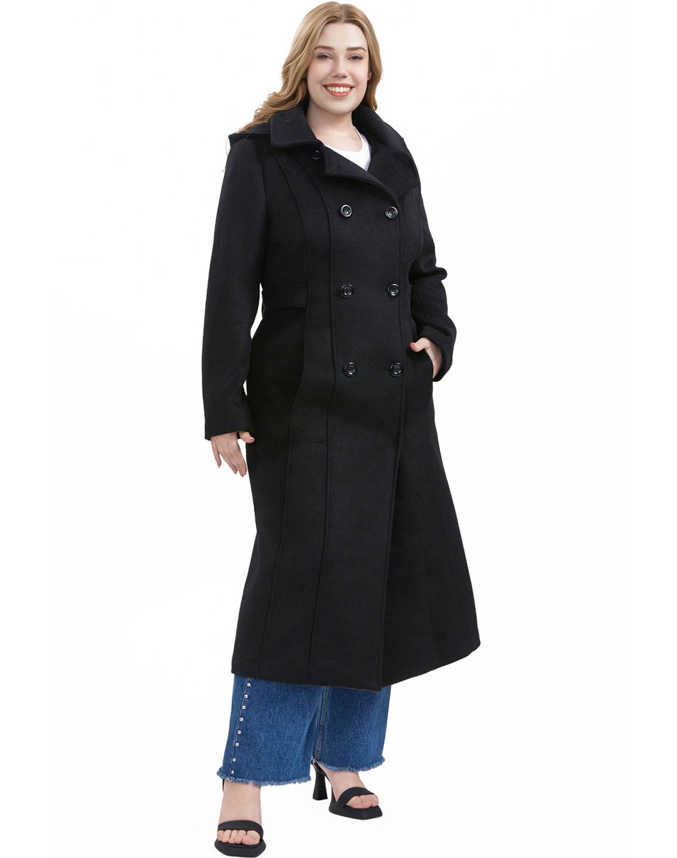 Double -Breasted Hooded Wool Blend Long Coat, Black, alternate image number 1