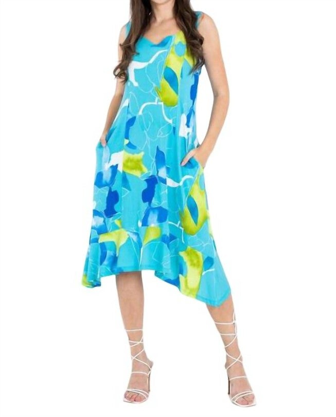 HANDKERCHIEF HEM ABSTRACT PATTERN MIDI DRESS IN LIGHT BLUE, Light Blue / Cobalt, hi-res image number null