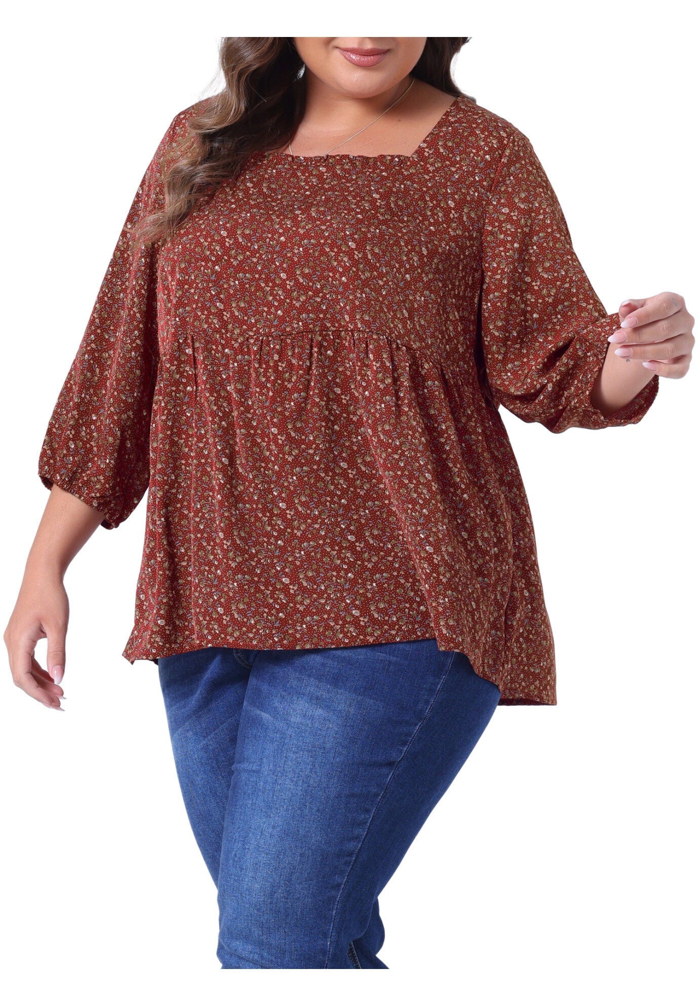 3/4 Sleeve Floral Peplum Babydoll Blouse, Burgundy / Burgundy, alternate image number 1