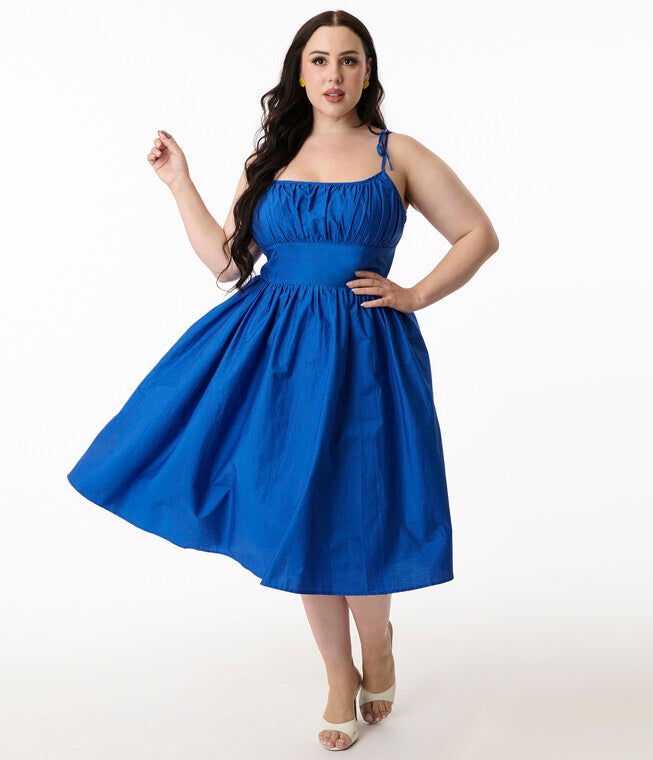Unique Vintage Plus Size 1950s Multicolor Plaid Sleeveless Cotton Swing Dress, Royal Blue / Royal Blue, hi-res image number 0