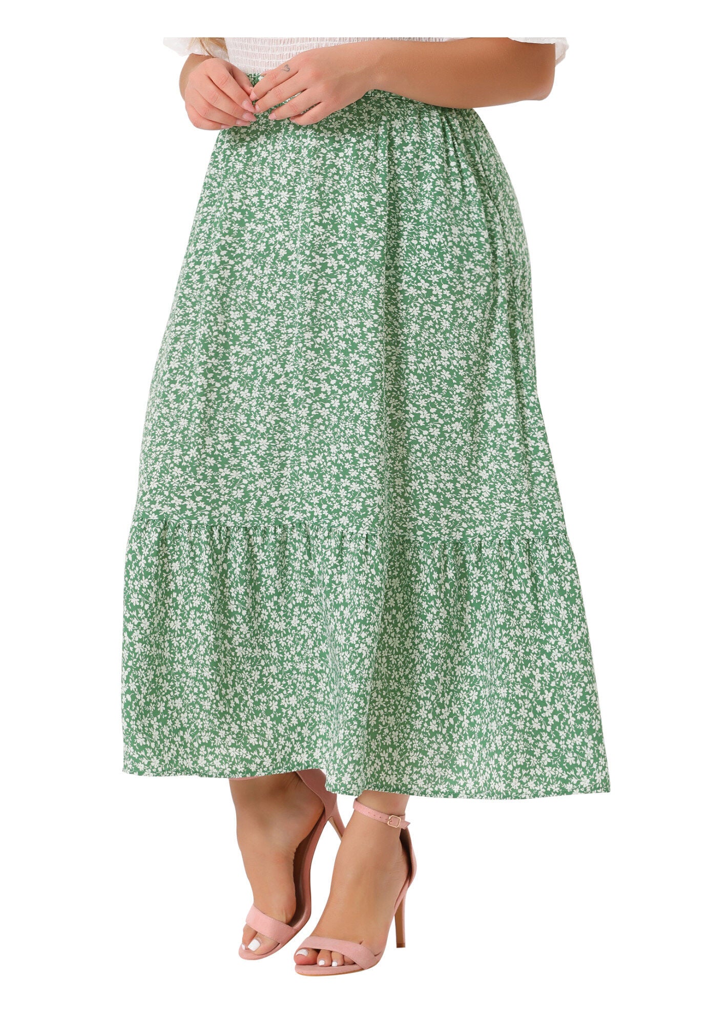 Summer Floral Flowy Stretchy Waist Layered A Line With Pocket Maxi Skirt, Green / Light Green, alternate image number 1