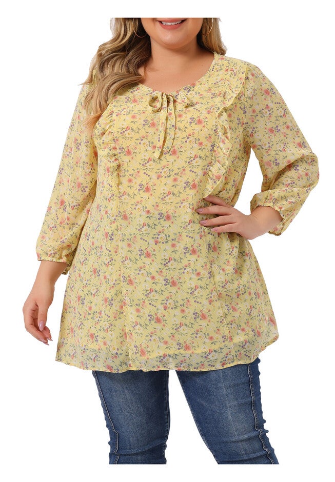 Chiffon Short Sleeve Floral Tie Neck Top, Yellow / Light Yellow, alternate image number 2