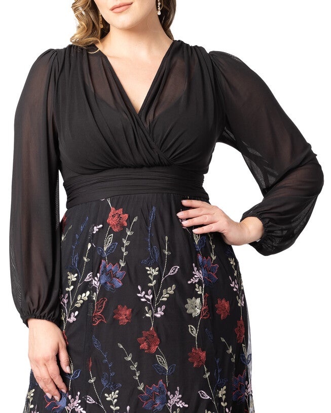 Isabella Embroidered Floral Mesh Gown, ENCHANTED GARDEN / Black, alternate image number 3