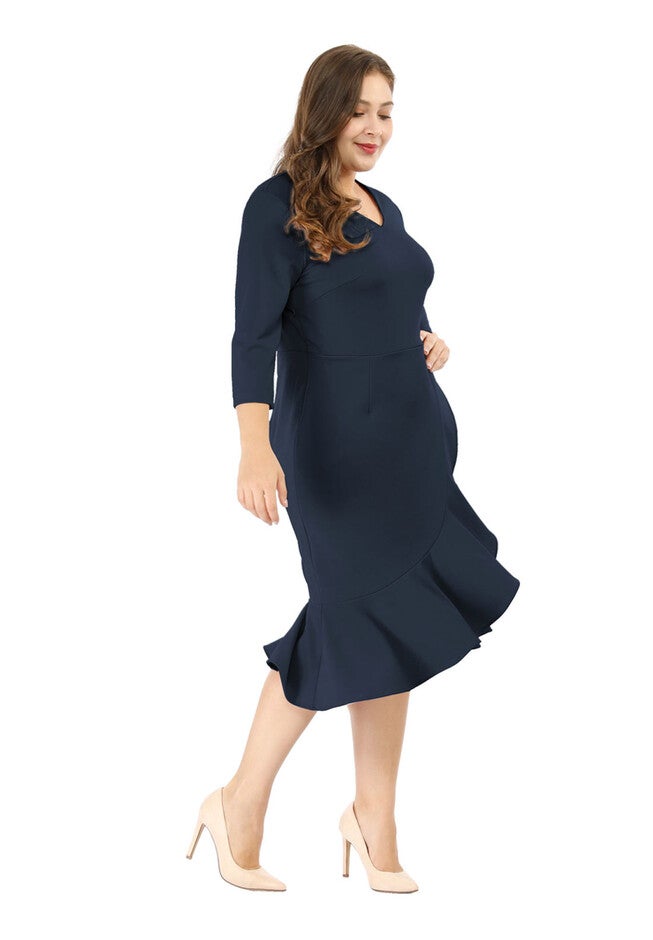 Ruffled 3/4 Sleeve Office Work Cocktail Wrap Dress, Blue / Navy, alternate image number 3
