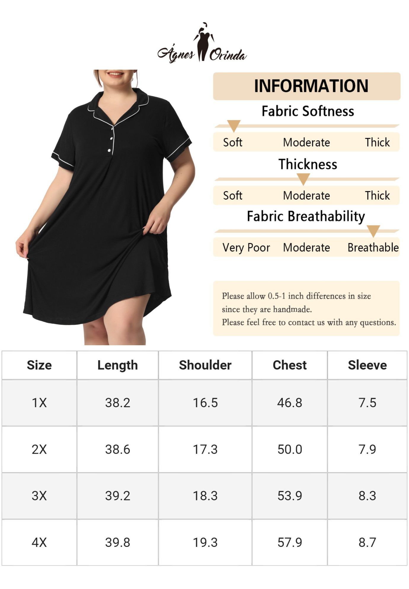 Short Sleeves Pajama Button Down Nightshirt, Black / Black, alternate image number 4