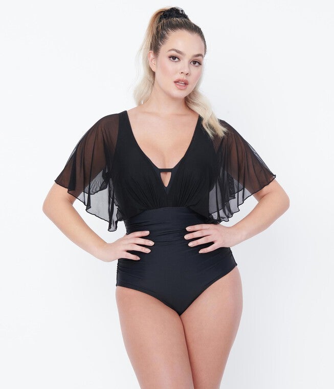 Unique Vintage Black Mesh Sleeved Torrey Swimsuit, Black Mesh / Black, alternate image number 4