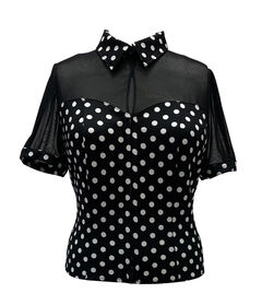 Unique Vintage Black & White Polka Dot Mesh Sweetheart Top