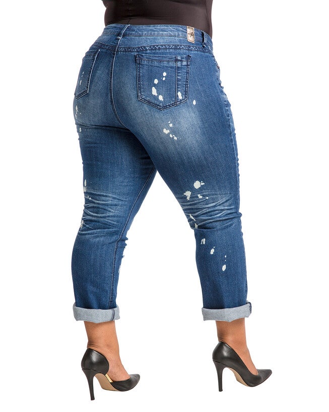 Plus Size Verla Boyfriend Jeans In Hurricane Wash W Bleach Spots & Rolled Cuffs, Blue Hurricane / Dark Wash, alternate image number 3
