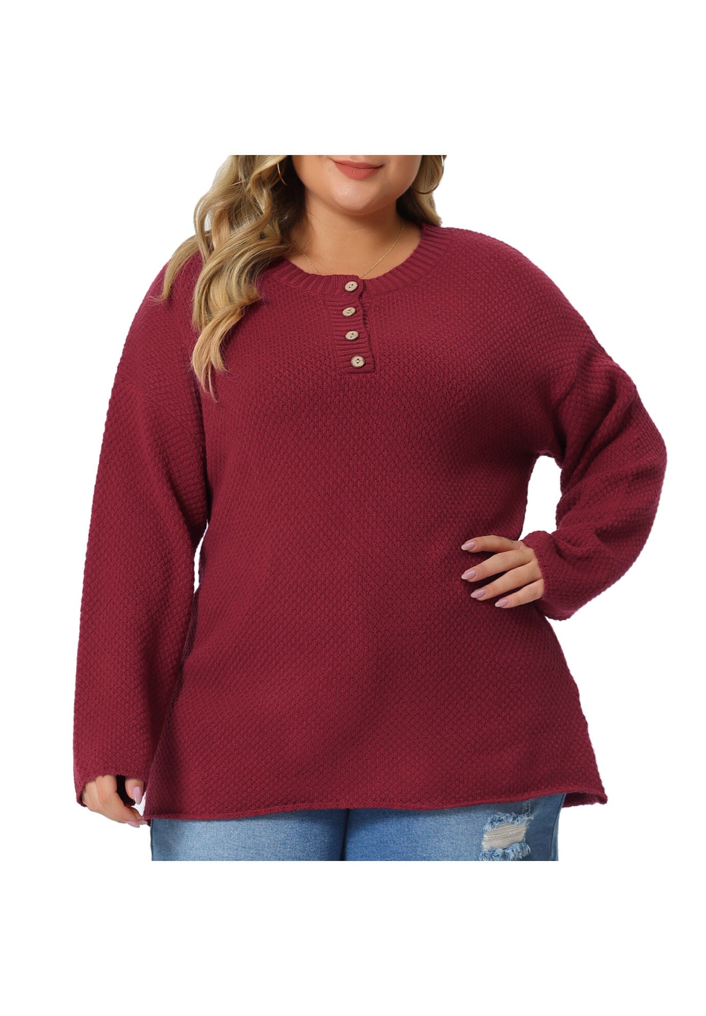 Round Neck Long Sleeve Button Knit Pullover Sweater Top, Wine / Burgundy, alternate image number 1