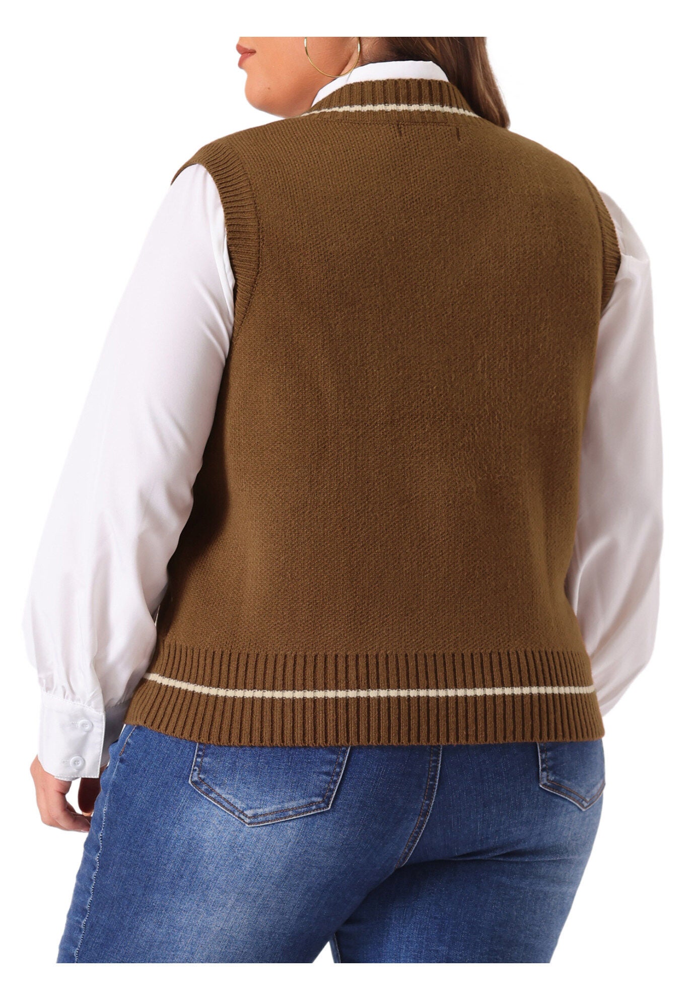 V Neck Stripe Cable Knit Pullover Sweater Vest, Brown / Brown, alternate image number 3