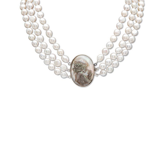 Genuine Freshwater Pearl Black Mother-of-Pearl Cameo Necklace Silvertone 18 inches, Blue / Light Grey, hi-res image number null