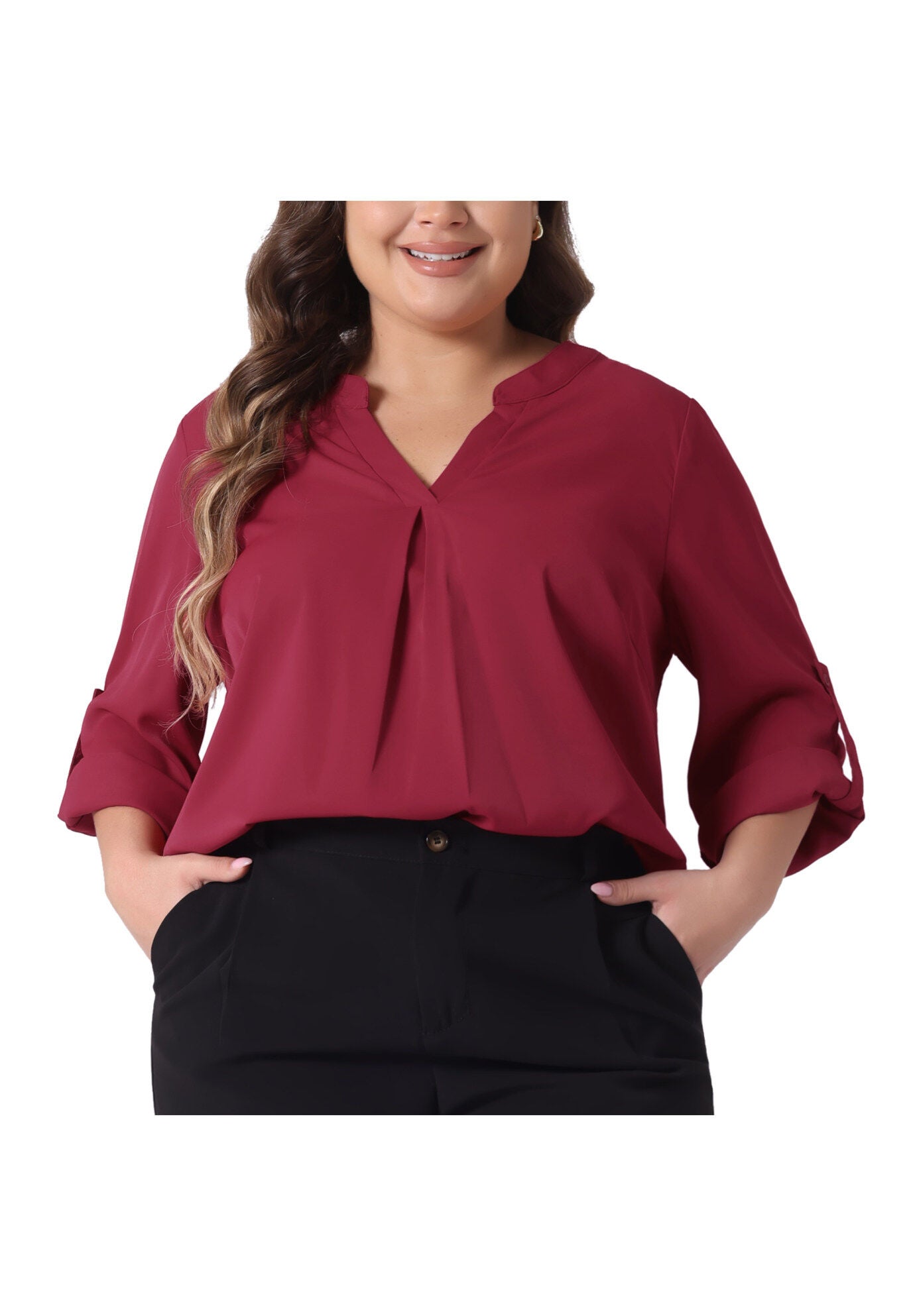 V Neck Rolled Up Sleeves Pleated Back Shirt Chiffon Top, Burgundy / Burgundy, alternate image number 2