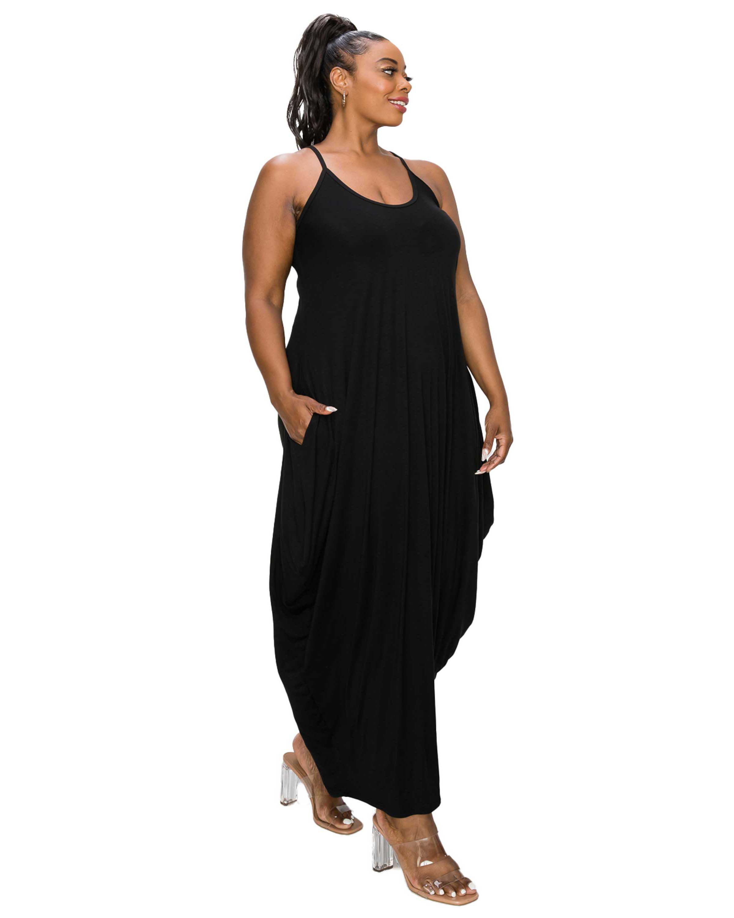 SPAGHETTI STRAP HAREM DRESS, Black / Black, alternate image number 3