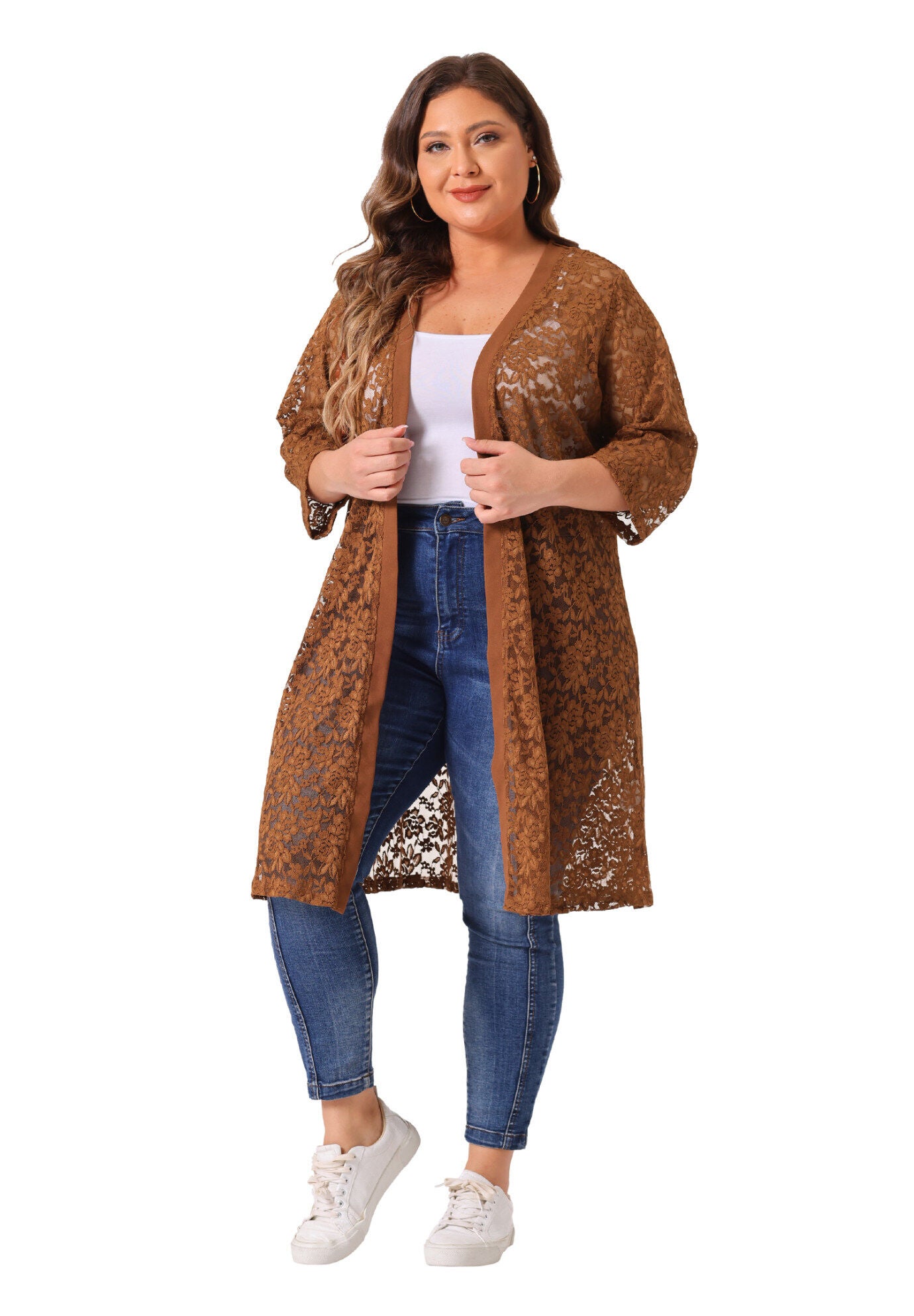 LACE CROCHET 3/4 SLEEVE COVER UP CARDIGAN, Brown / Brown, alternate image number 2