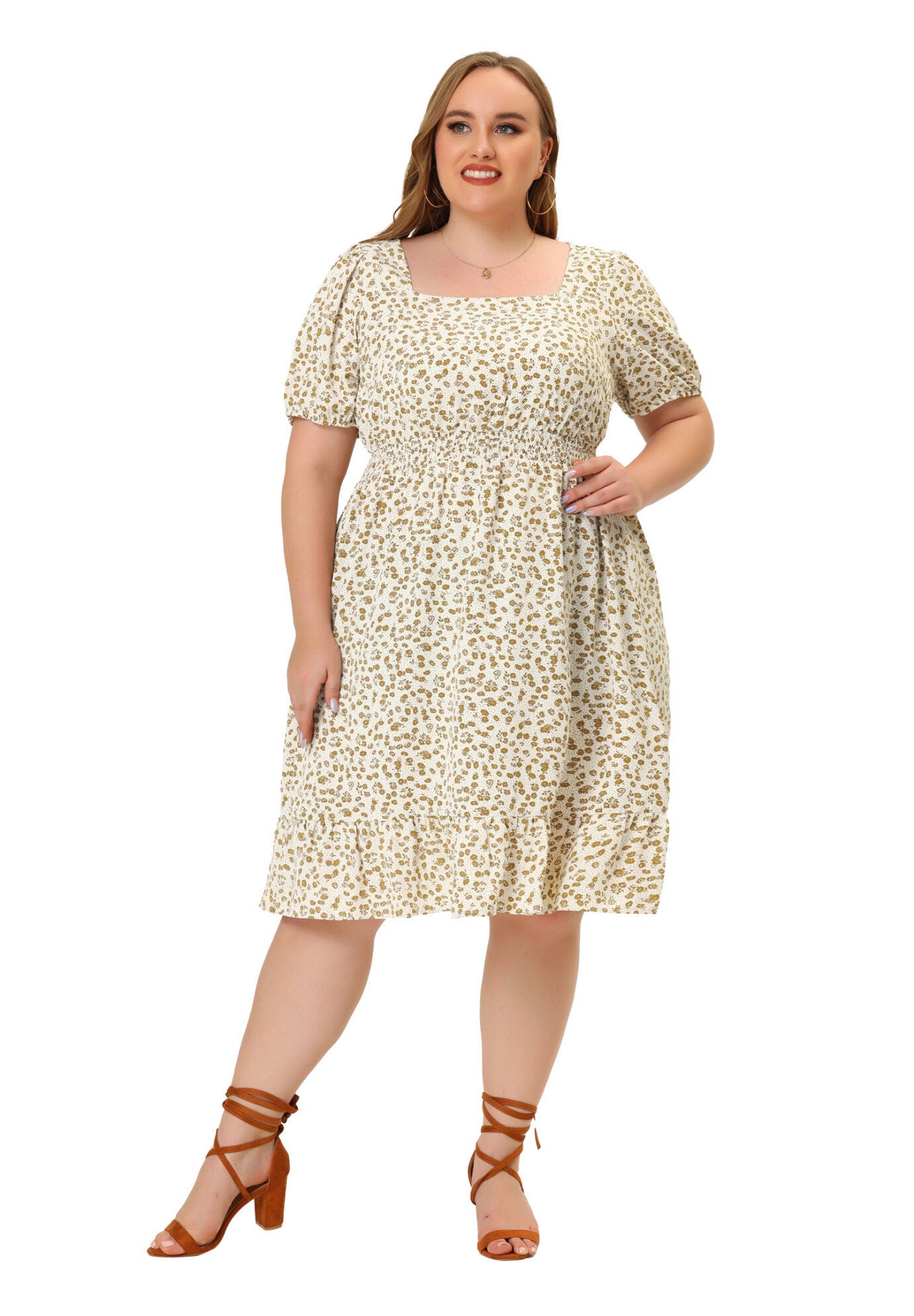 SHORT SLEEVE SQUARE NECK ELASTIC WAIST FLORAL DRESS, Apricot / Cream, hi-res image number 0