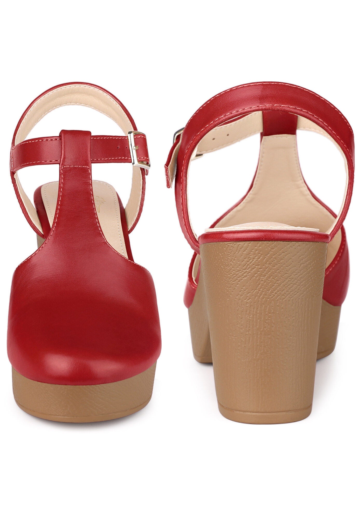 Platform T-Strap Shoes Chunky Heels Sandals, Red / Red, alternate image number 1