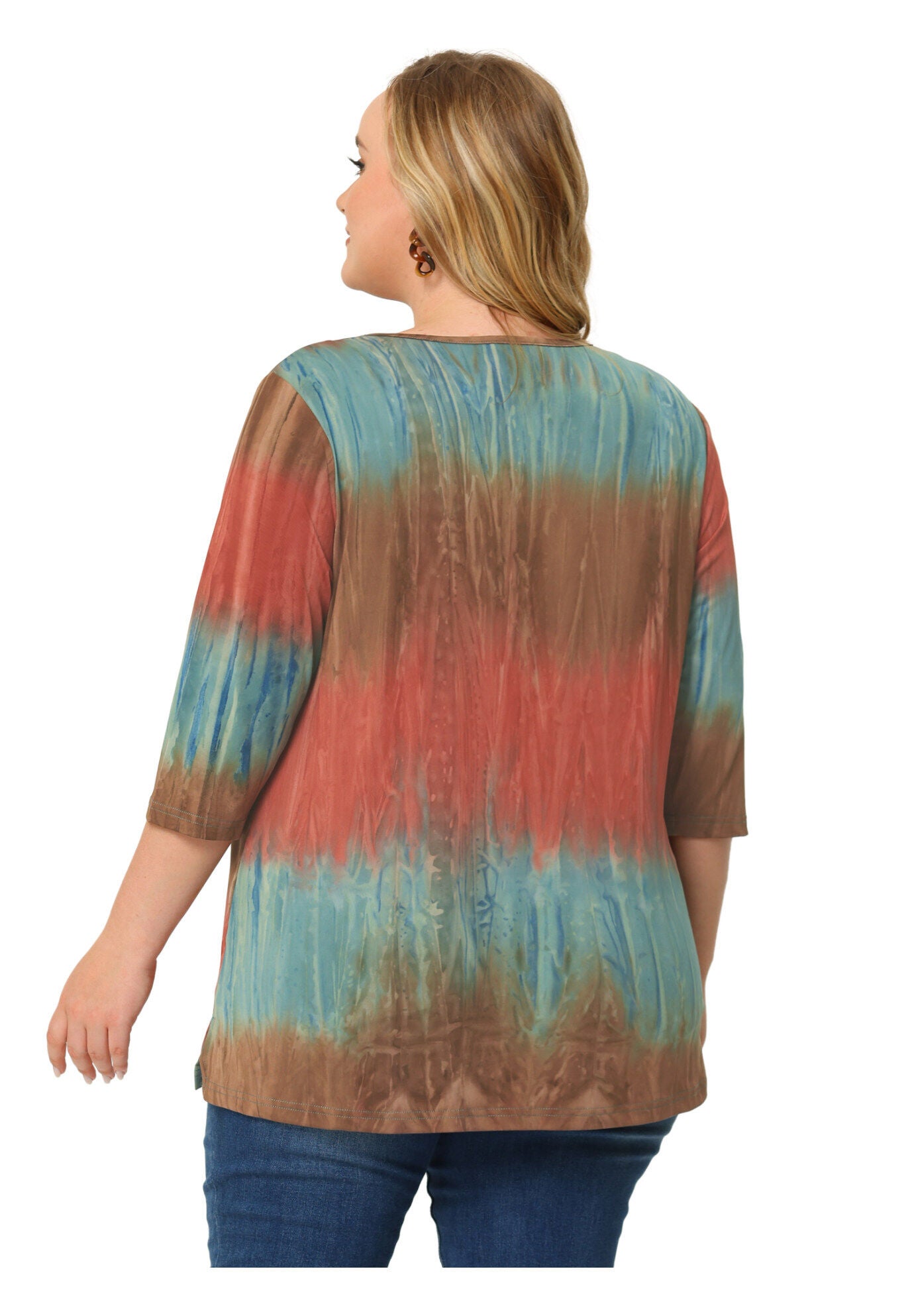 V Neck 3/4 Sleeve Loose Casual Striped Tie Dye Print T-Shirt Top, Multicolor / Brown, alternate image number 3