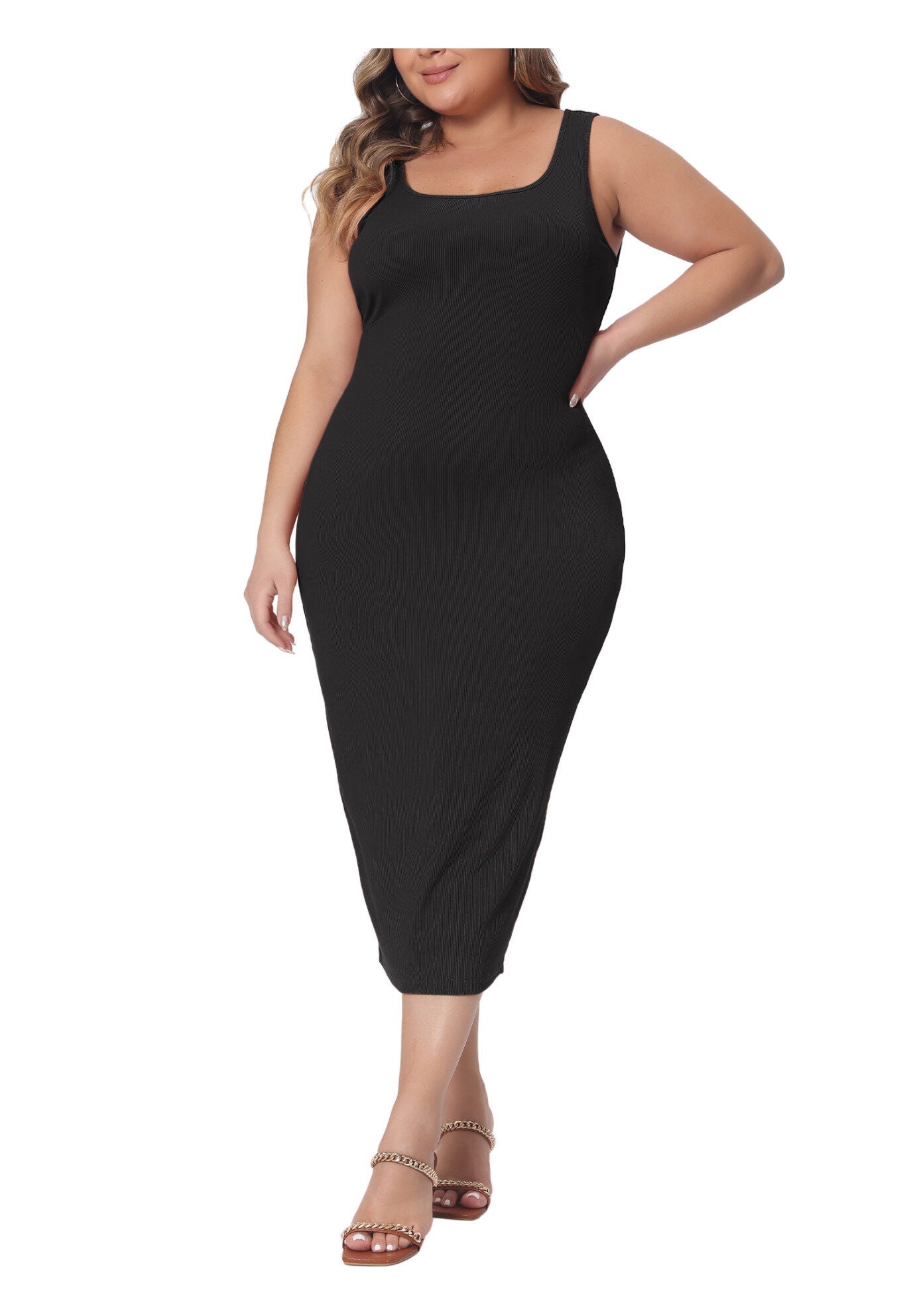 SLEEVELESS SQUARE NECK BODYCON SUNDRESS MIDI TANK DRESS, Black / Black, alternate image number 2