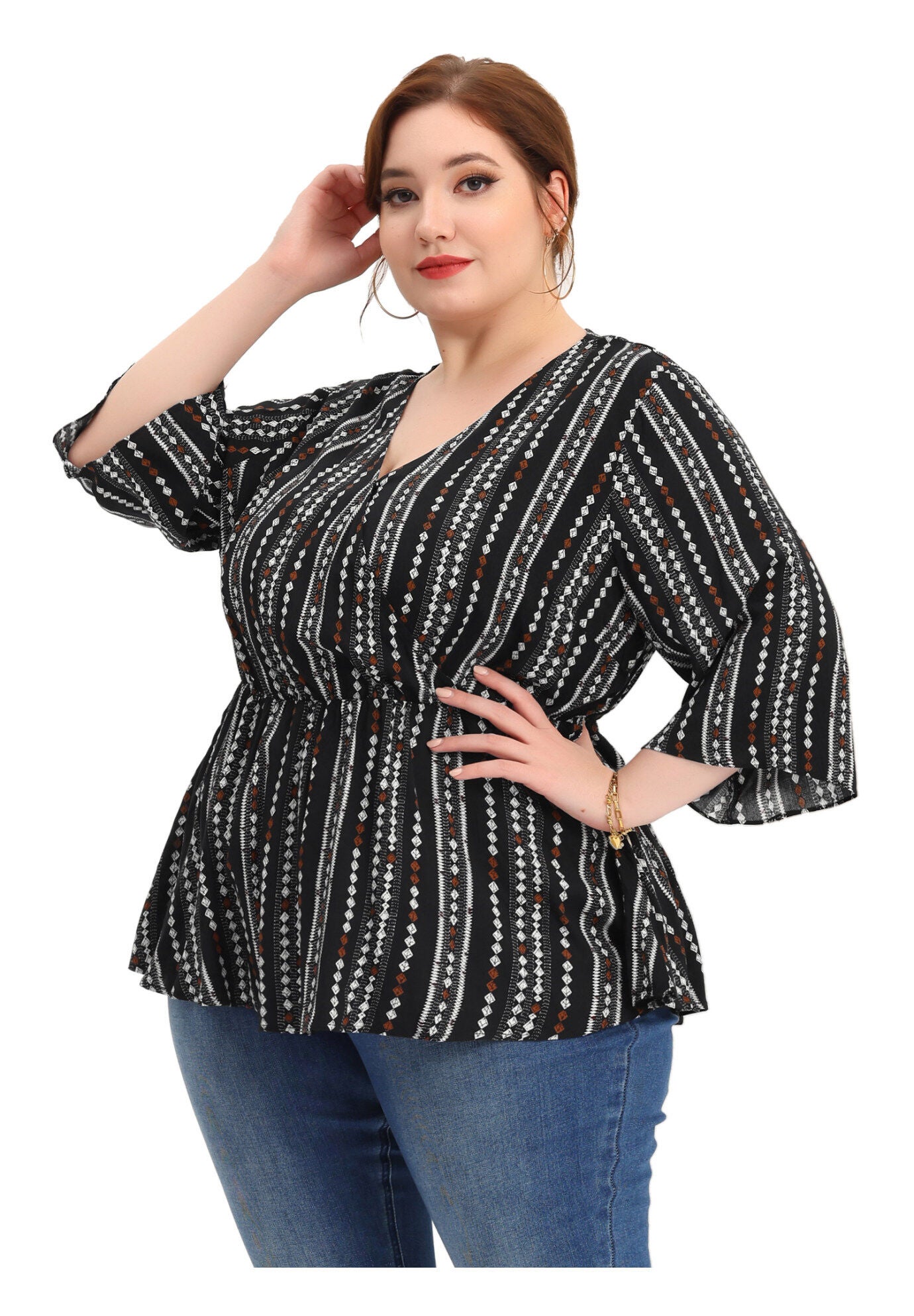 Boho Work V Neck Striped Peplum Top Blouse, Black / Black, hi-res image number 0