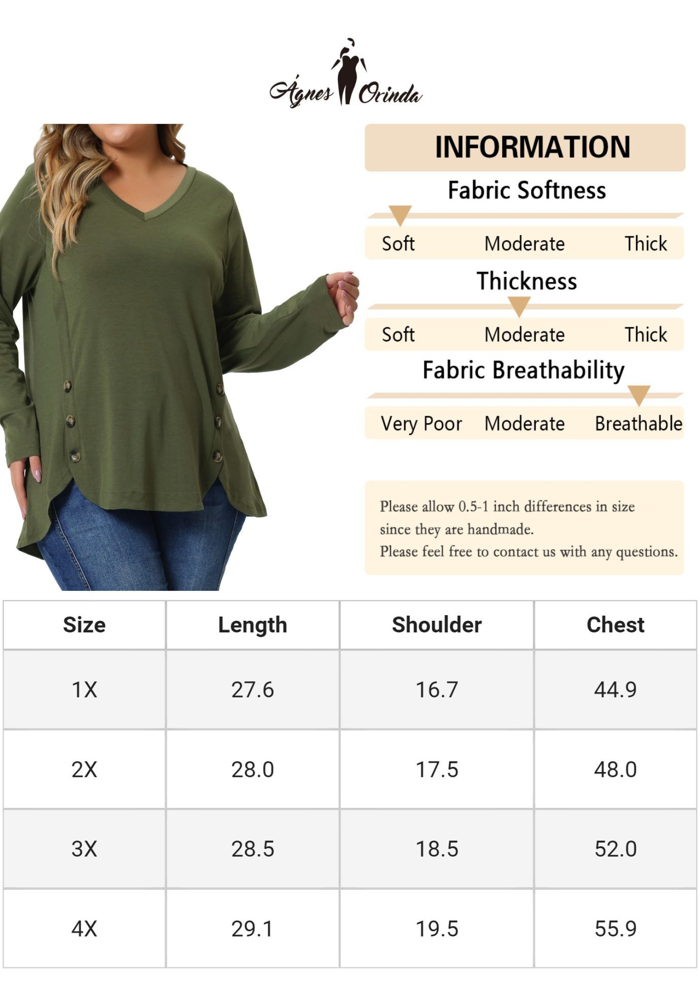 LONG SLEEVE TUNIC TOP V NECK LOOSE T SHIRT, ArmyGreen / Olive Green, alternate image number 4