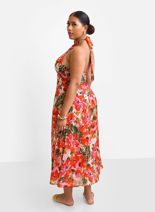 GIADA FLORAL HALTER MIDI SLIP DRESS, Multicolor / Orange, alternate image number 4