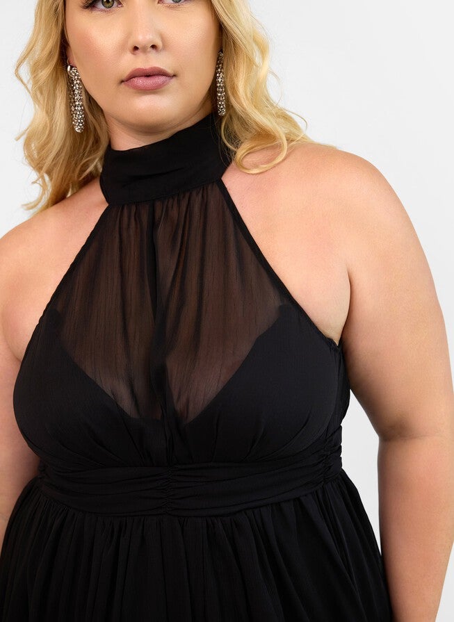 ELISE CHIFFON HALTER MAXI A LINE DRESS W. SLIT, Black / Black, alternate image number null