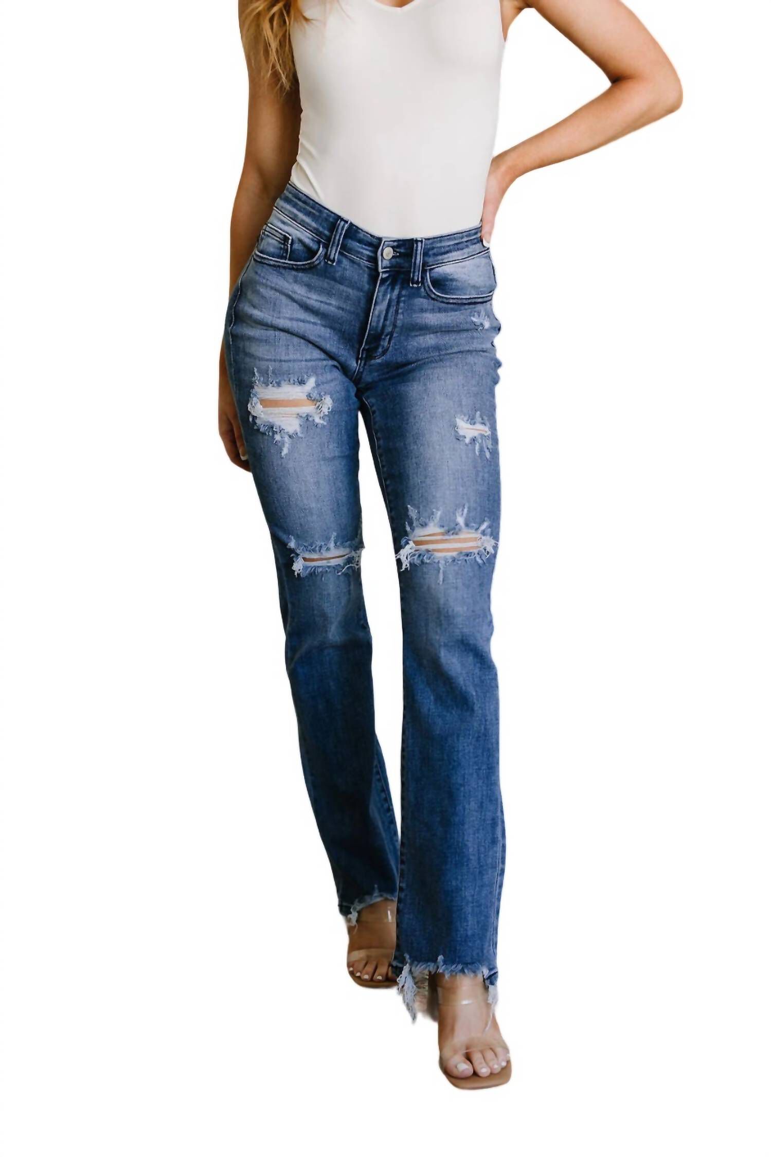 DESTROYED STRAIGHT JEANS, Dark Wash / Dark Wash, hi-res image number 0