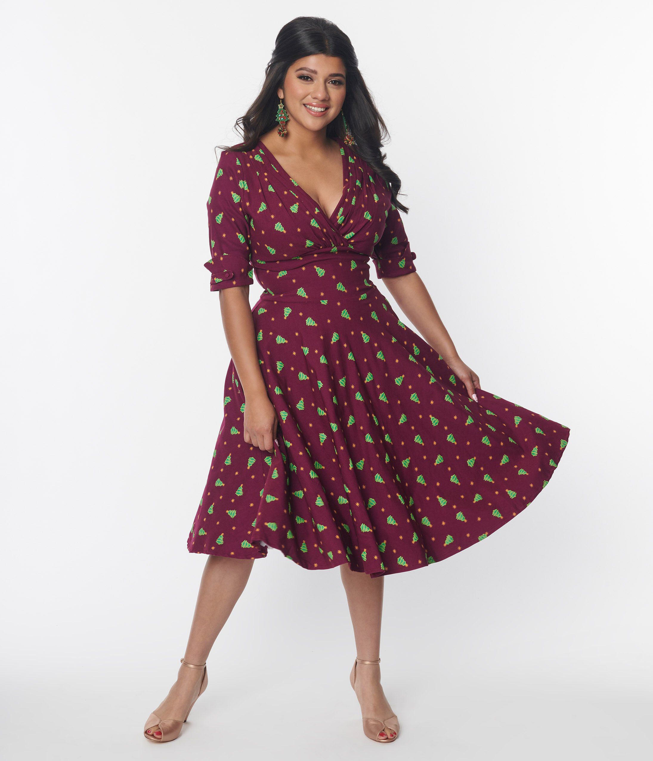 Unique Vintage Burgundy & Christmas Tree Delores Swing Dress, Burgundy  Christmas Tree / Burgundy, hi-res image number 0
