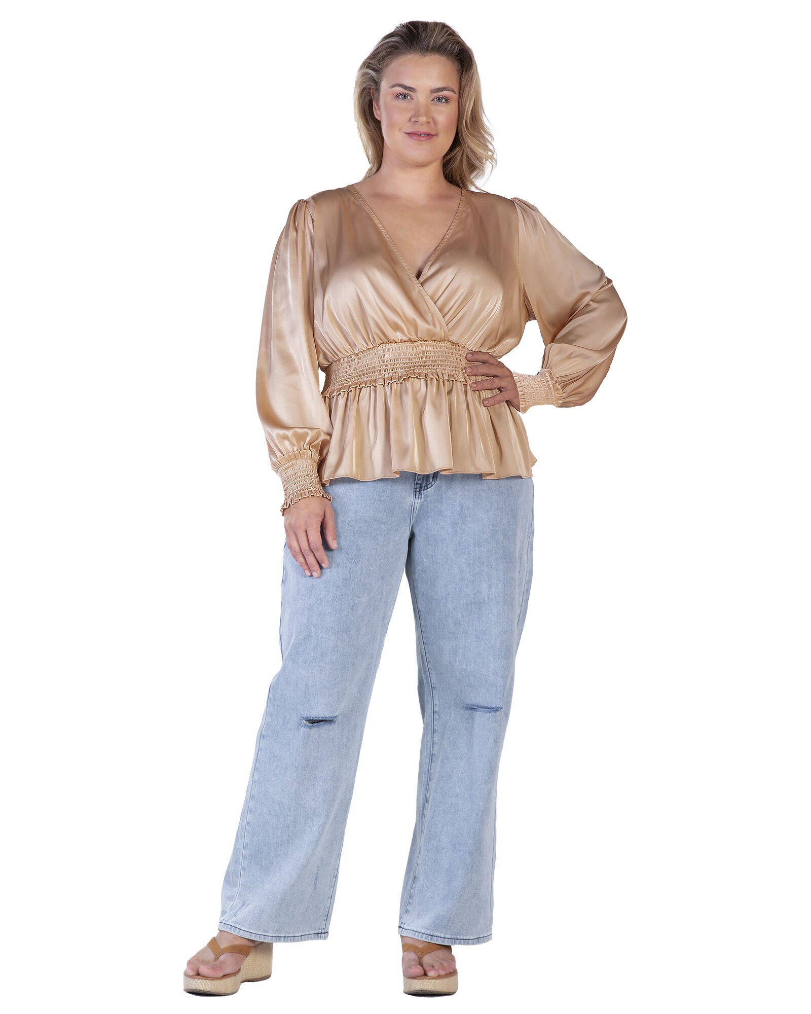 Stephanie Women&#39;s Satin V-Neck Long Sleeves Blouse, CHAMPAGNE / Beige, alternate image number 3