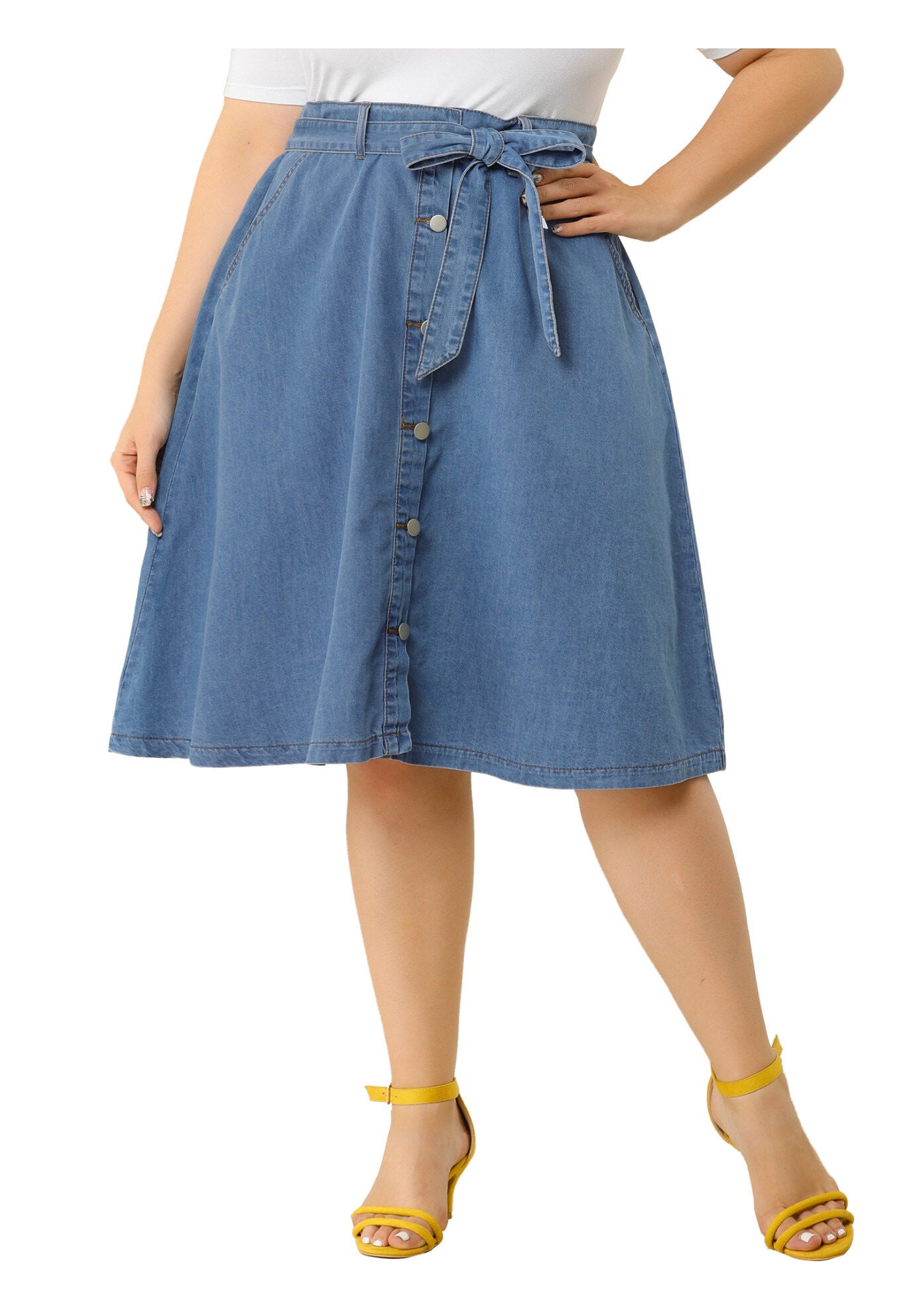 TIE WAIST A-LINE MIDI JEANS DENIM SKIRT, Blue / Light Blue, alternate image number 3