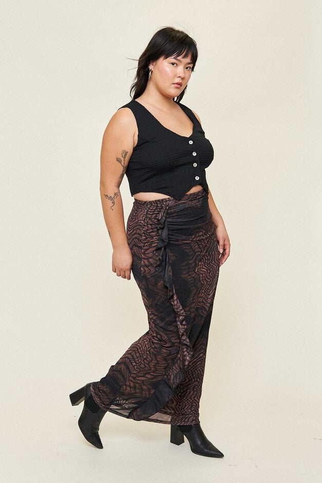 Georgia Mesh Maxi Skirt, Distorted Plaid / Brown, alternate image number 1