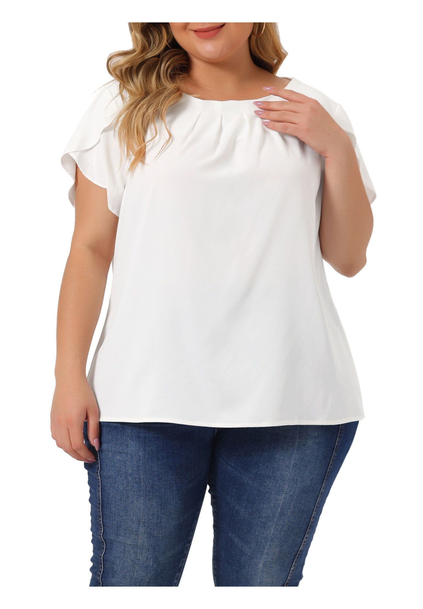 Round Neck Pleated Top Tulip Sleeves Blouse Top, White / White, alternate image number 1