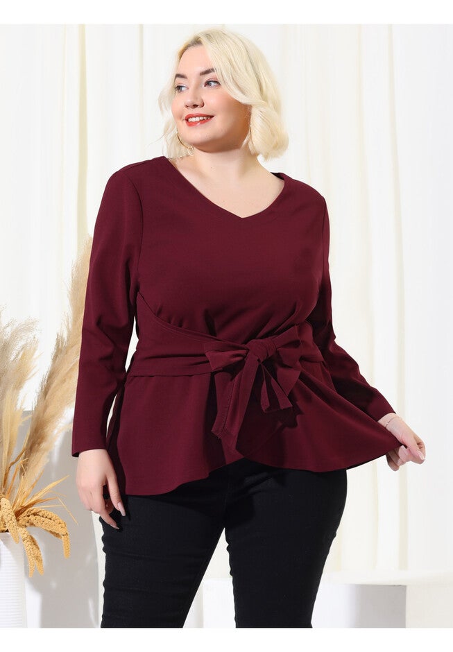 V Neck Knit Belted Knot Tie Work Top Blouse, Burgundy / Burgundy, alternate image number 1