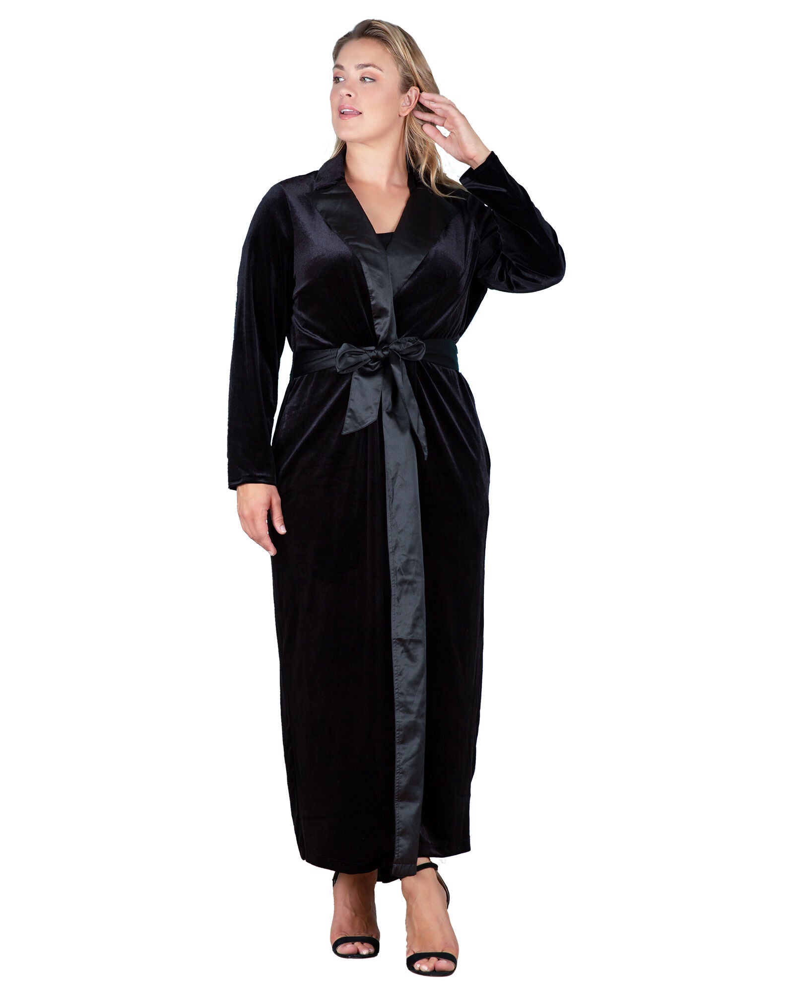 Plus Size Freya Stretch Velvet Wrap Midi Coat Dress With Satin Lapel And Satin Belt, , alternate image number 6