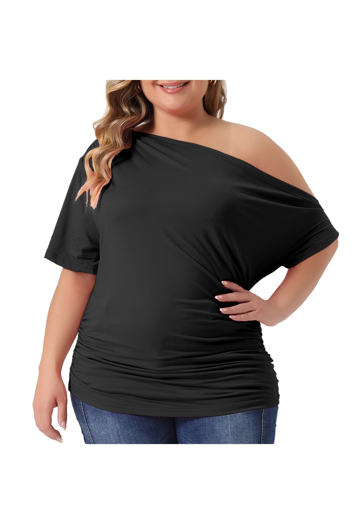 ONE SHOULDER SHORT SLEEVE RUCHED TOP, Black / Black, alternate image number 2