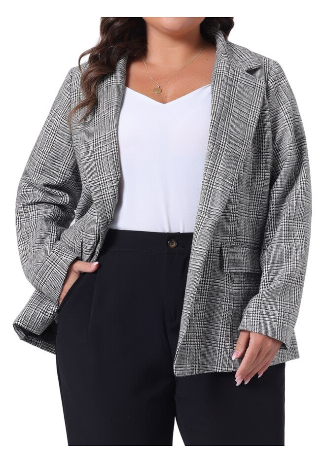 PLAID NOTCHED LAPEL CASUAL BLAZER, Black White / White, alternate image number 1