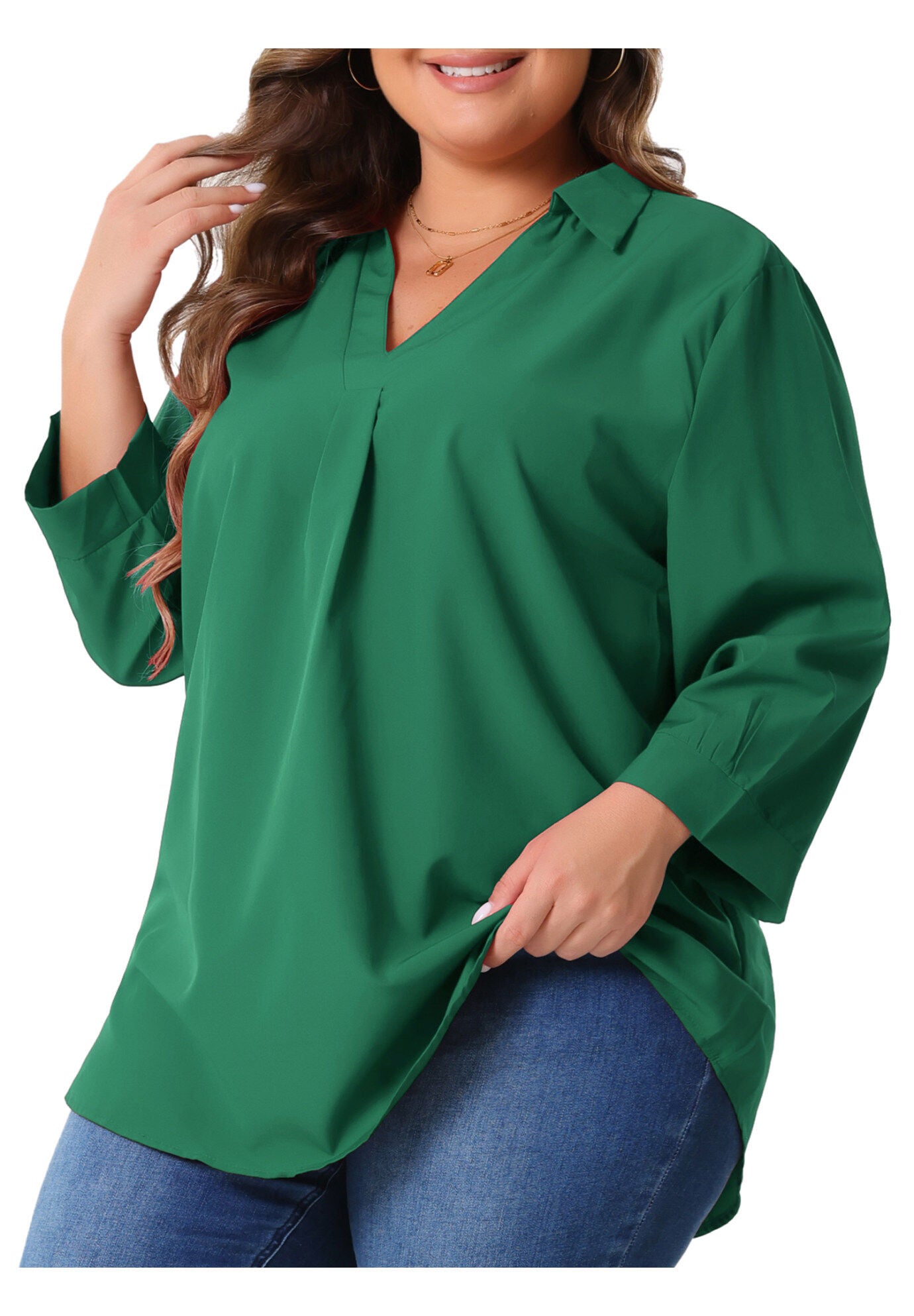 V Neck 3/4 Sleeve Flowy Blouse Work Chiffon Shirt, Green / Kelly Green, alternate image number 1