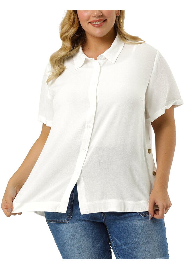 Short Sleeve Collar Button Front Work Shirt Top, White / White, alternate image number 1