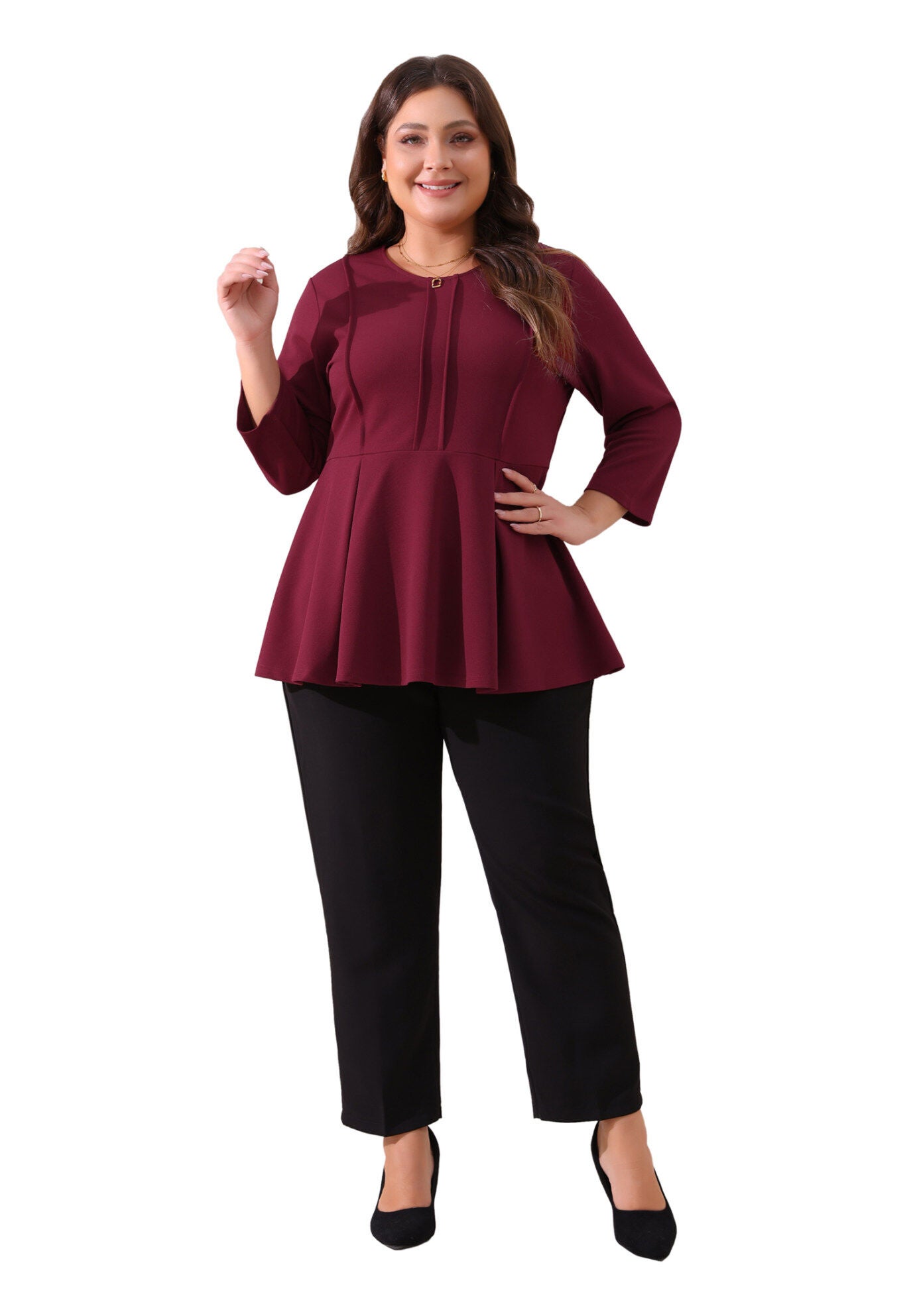 Crew Neck 3/4 Sleeve Peplum Top, Burgundy / Burgundy, hi-res image number 0