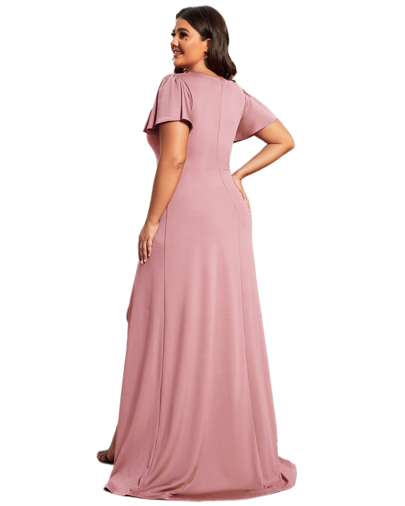 Ruffles Sleeve A-Line Front Slit Bridesmaid Dress, Dusty Rose / Pink, alternate image number 1