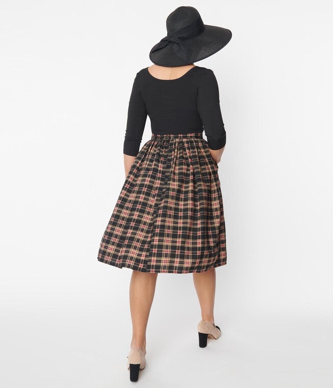 Unique Vintage Black & Burgundy Plaid Gellar Swing Skirt, Black Burgundy Plaid / Black, alternate image number null