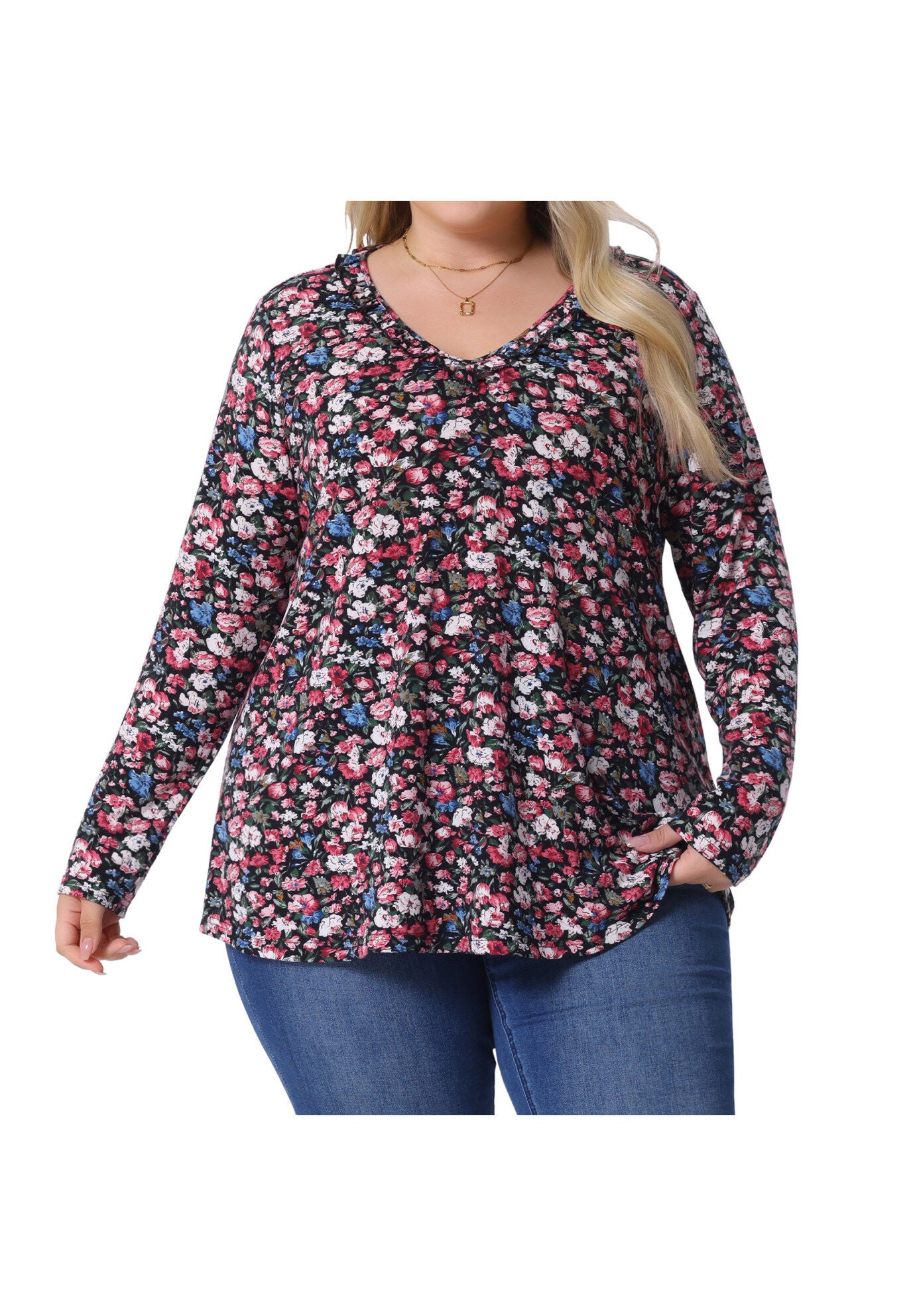 Floral V Neck Long Sleeve Ruffle Tunic Blouse Top, Black Pink / Pink, alternate image number 2