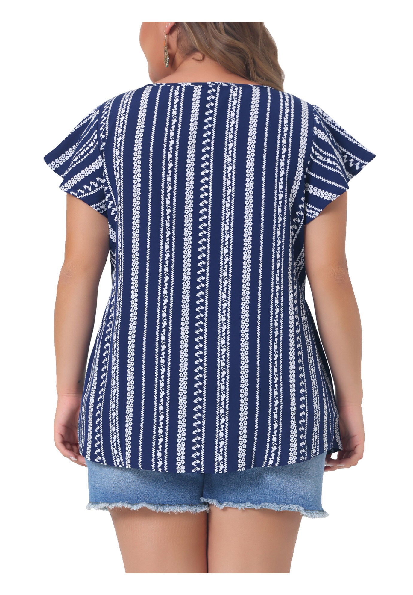 Boho Floral Printed Round Neck Ruffle Sleeve Blouse, Dark Blue / Navy, alternate image number 3