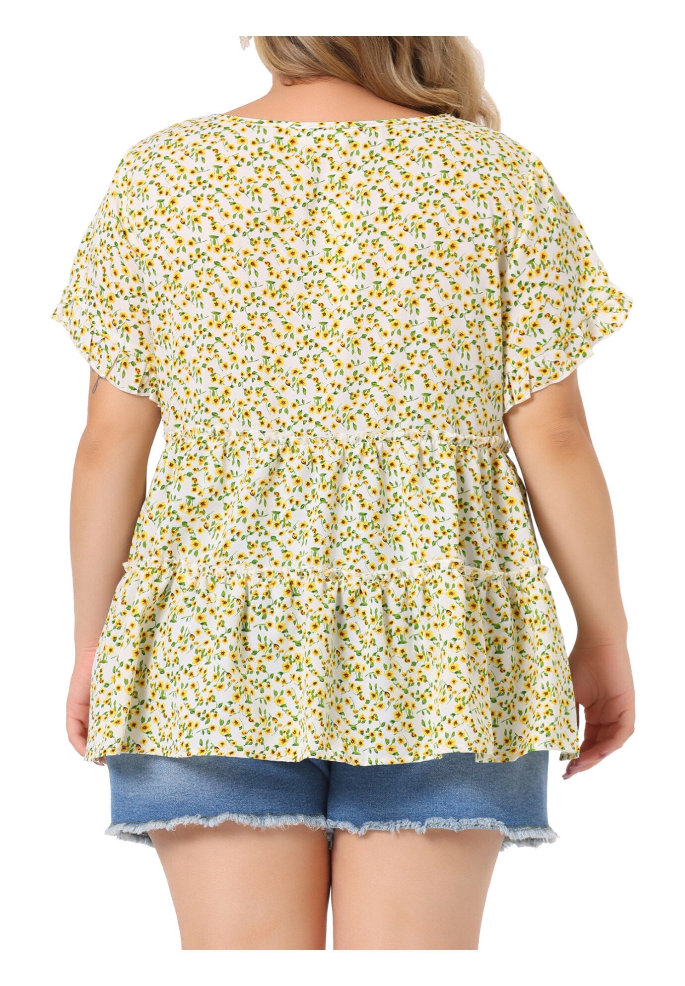 Floral Print V Neck Ruffles Sleeve Tiered Babydoll Blouse, Beige / Beige, alternate image number 3