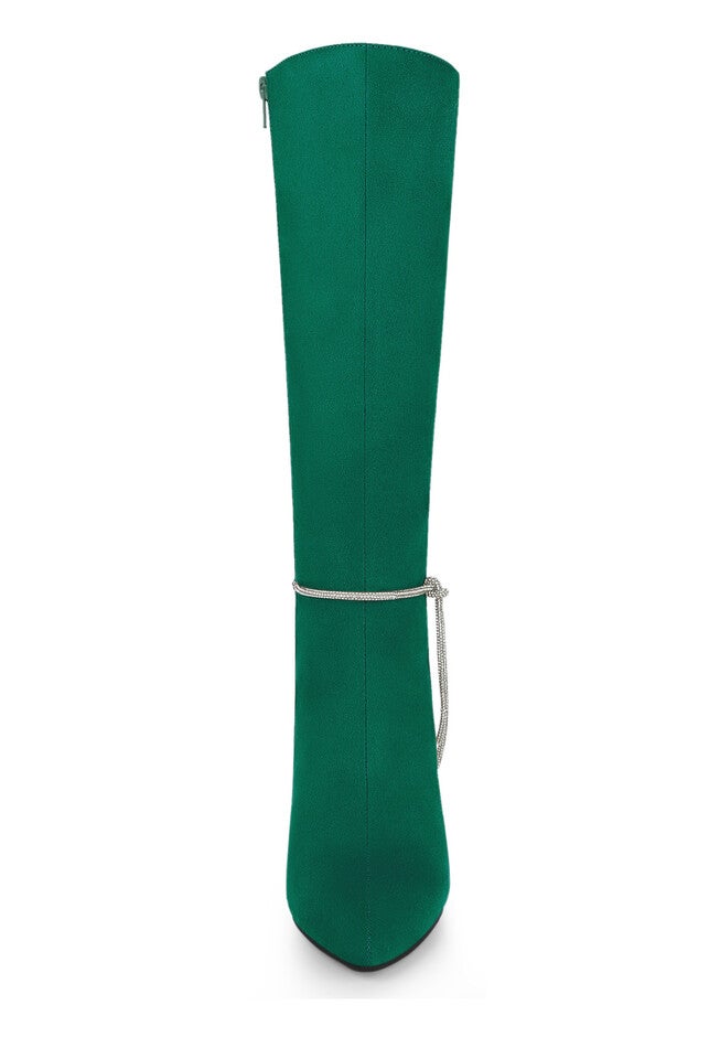 Rhinestone Chain Pointed Toe Stiletto Heels Knee High Boots, Green / Forest Green, alternate image number 1