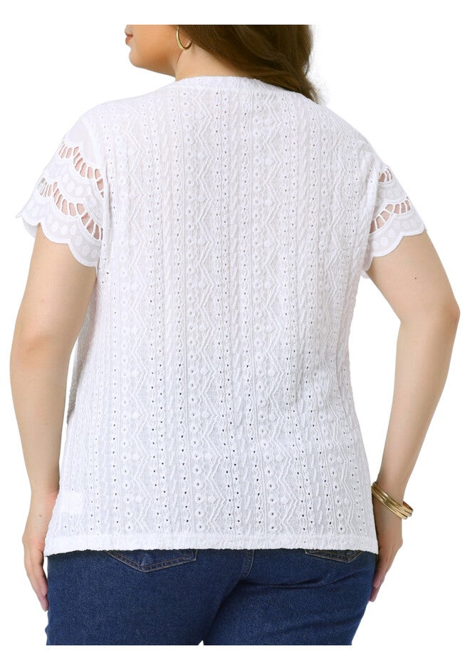 Lace Panel Hollow Short Sleeve Eyelet Top, White / White, alternate image number 3