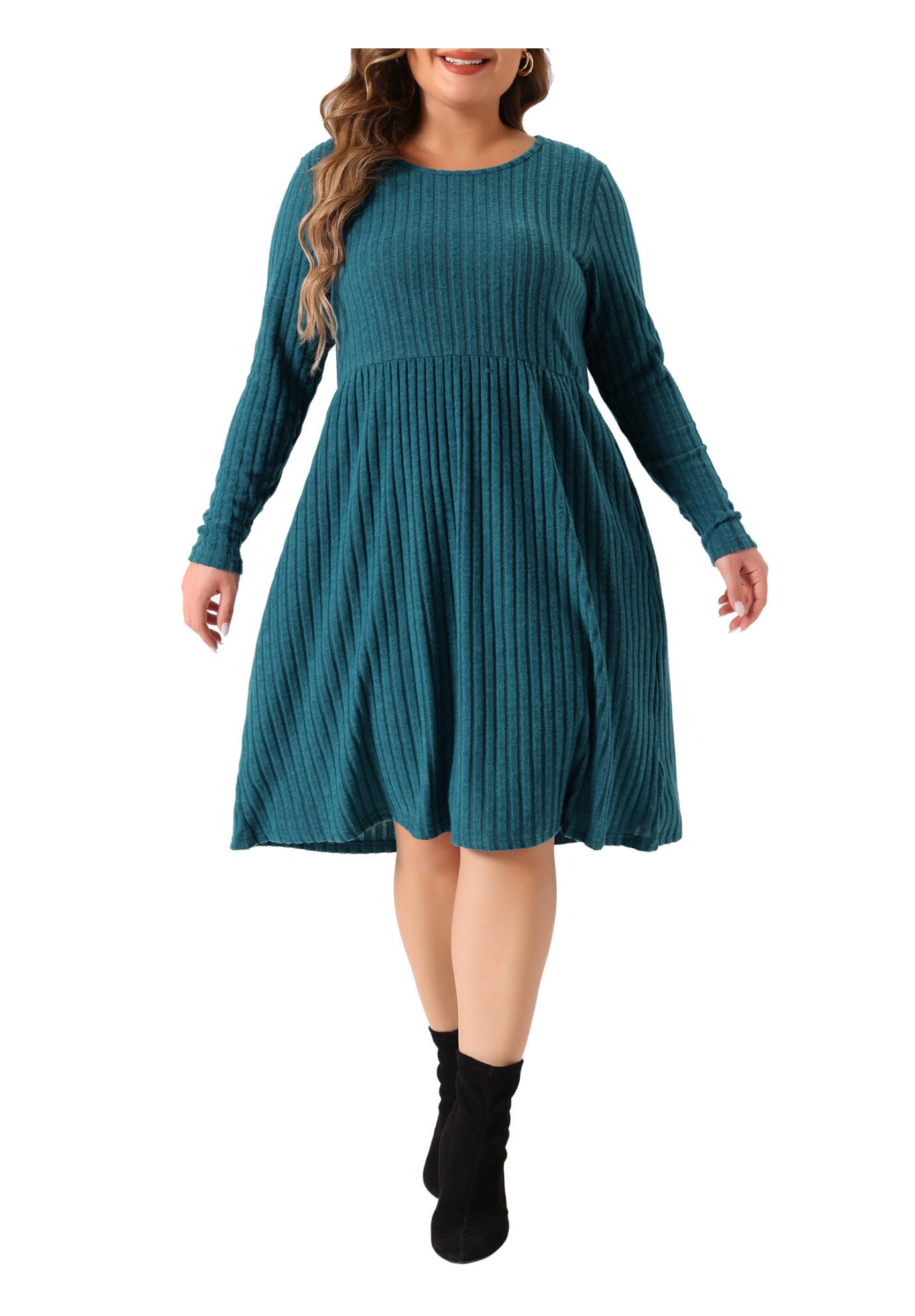 Round Neck Long Sleeve Elegant Ribbed Midi Knit Sweater Dress, Peacock Blue / Cornflower Blue, alternate image number 1